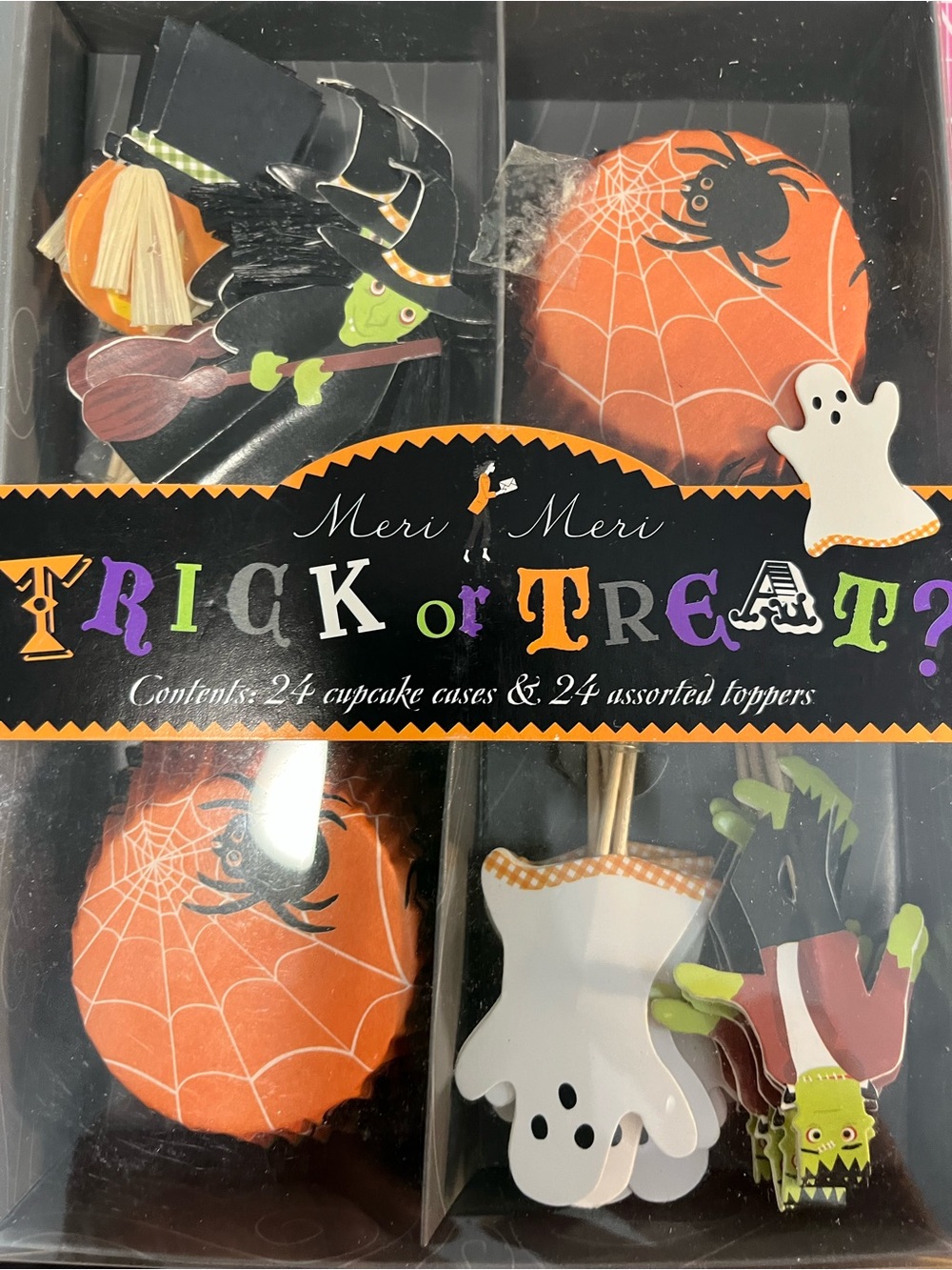 Meri Meri Halloween Trick or Treat Cake Toppers – Orange, Black, White, Green